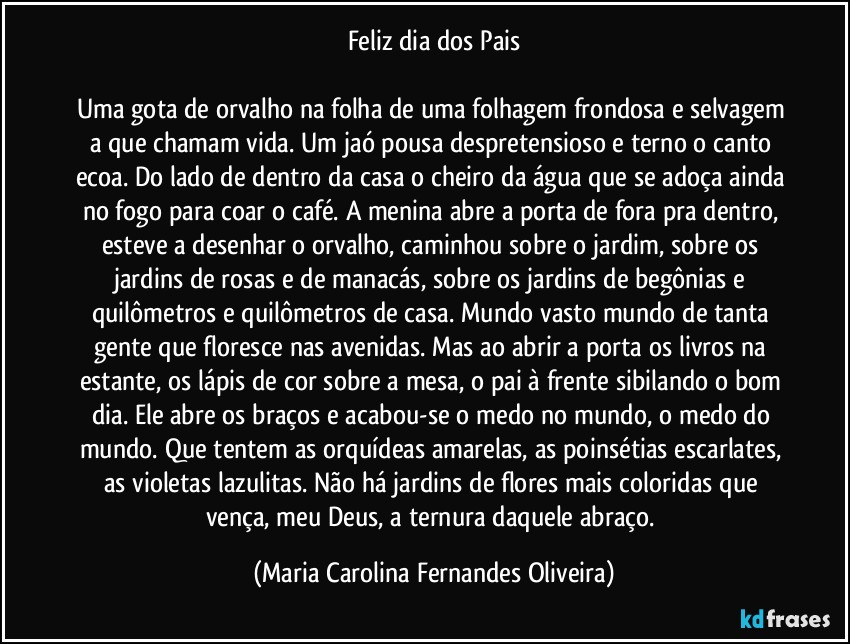 Feliz dia dos Pais

Uma gota de orvalho na folha de uma folhagem frondosa e selvagem a que chamam vida. Um jaó pousa despretensioso e terno o canto ecoa. Do lado de dentro da casa o cheiro da água que se adoça ainda no fogo para coar o café. A menina abre a porta de fora pra dentro, esteve a desenhar o orvalho, caminhou sobre o jardim, sobre os jardins de rosas e de manacás, sobre os jardins de begônias e quilômetros e quilômetros de casa. Mundo vasto mundo de tanta gente que floresce nas avenidas. Mas ao abrir a porta os livros na estante, os lápis de cor sobre a mesa, o pai à frente sibilando o bom dia. Ele abre os braços e acabou-se o medo no mundo, o medo do mundo. Que tentem as orquídeas amarelas, as poinsétias escarlates, as violetas lazulitas. Não há jardins de flores mais coloridas que vença, meu Deus, a ternura daquele abraço. (Maria Carolina Fernandes Oliveira)