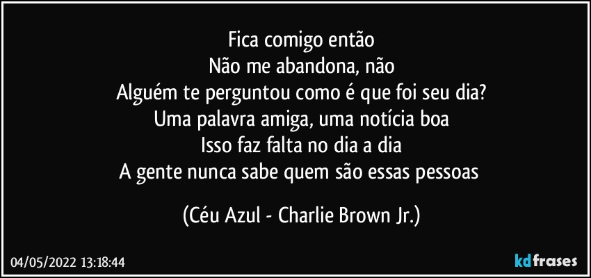 Fica comigo então
Não me abandona, não
Alguém te perguntou como é que foi seu dia?
Uma palavra amiga, uma notícia boa
Isso faz falta no dia a dia
A gente nunca sabe quem são essas pessoas (Céu Azul - Charlie Brown Jr.)