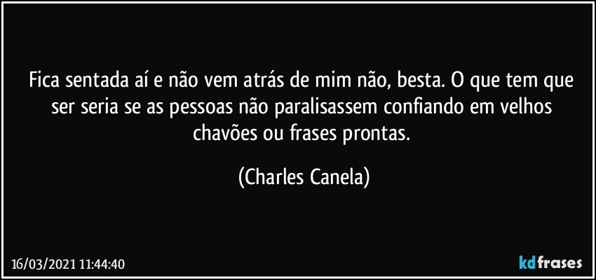 Fica sentada aí e não vem atrás de mim não, besta. O que tem que ser seria se as pessoas não paralisassem confiando em velhos chavões ou frases prontas. (Charles Canela)