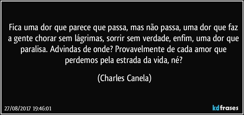 Fica uma dor que parece que passa, mas não passa, uma dor que faz a gente chorar sem lágrimas, sorrir sem verdade, enfim, uma dor que paralisa. Advindas de onde? Provavelmente de cada amor que perdemos pela estrada da vida, né? (Charles Canela)