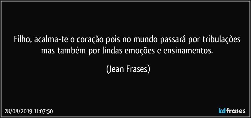 Filho, acalma-te o coração pois no mundo passará por tribulações mas também por lindas emoções e ensinamentos. (Jean Frases)