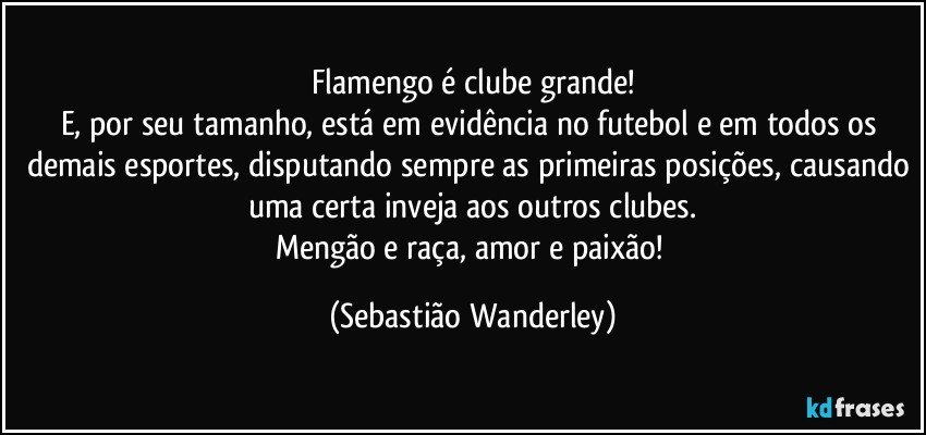 Flamengo é clube grande!
E, por seu tamanho, está em evidência no futebol e em todos os demais esportes, disputando sempre as primeiras posições, causando uma certa inveja aos outros clubes.
Mengão e raça, amor e paixão! (Sebastião Wanderley)