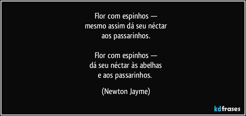 Flor com espinhos —
mesmo assim dá seu néctar
aos passarinhos.

Flor com espinhos —
dá seu néctar às abelhas
e aos passarinhos. (Newton Jayme)
