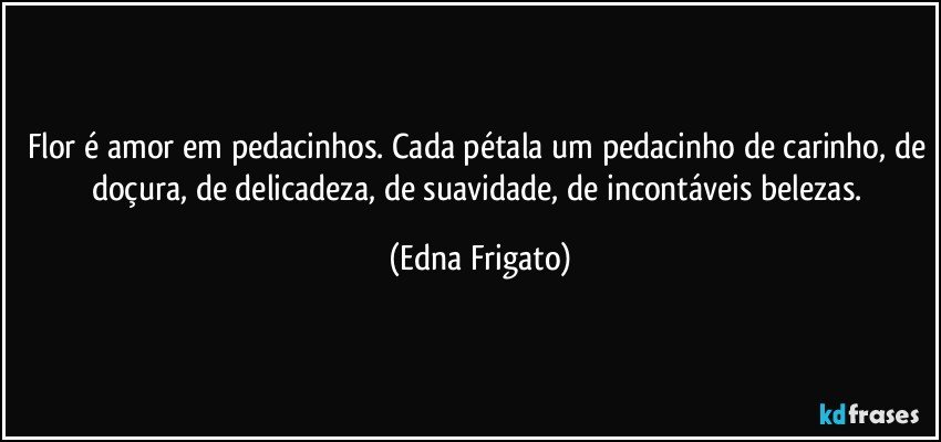 Flor é amor em pedacinhos. Cada pétala um pedacinho de carinho, de doçura, de delicadeza, de suavidade, de incontáveis belezas. (Edna Frigato)