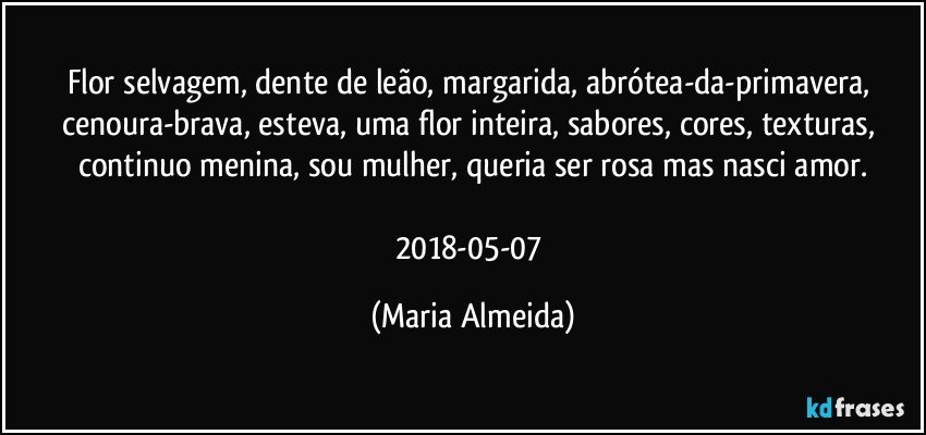 Flor selvagem, dente de leão, margarida, abrótea-da-primavera, cenoura-brava, esteva, uma flor inteira, sabores, cores, texturas, continuo menina, sou mulher, queria ser rosa mas nasci amor.

2018-05-07 (Maria Almeida)