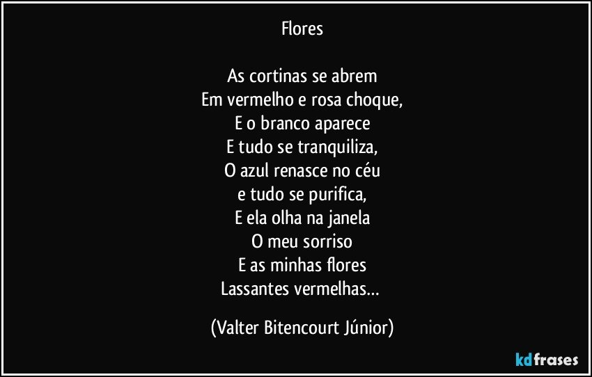 Flores

As cortinas se abrem
Em vermelho e rosa choque,
E o branco aparece
E tudo se tranquiliza,
O azul renasce no céu
e tudo se purifica,
E ela olha na janela
O meu sorriso
E as minhas flores
Lassantes vermelhas… (Valter Bitencourt Júnior)