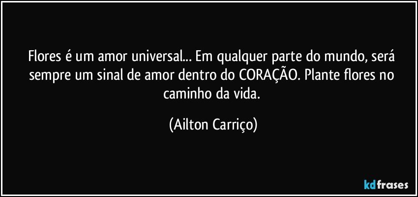 Flores é um amor universal... Em qualquer parte do mundo, será sempre um sinal de amor dentro do CORAÇÃO. Plante flores no caminho da vida. (Ailton Carriço)