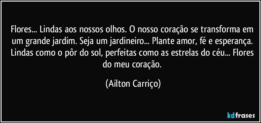 Flores... Lindas aos nossos olhos. O nosso coração se transforma em um grande jardim. Seja um jardineiro... Plante amor, fé e esperança. Lindas como o pôr do sol, perfeitas como as estrelas do céu... Flores do meu coração. (Ailton Carriço)