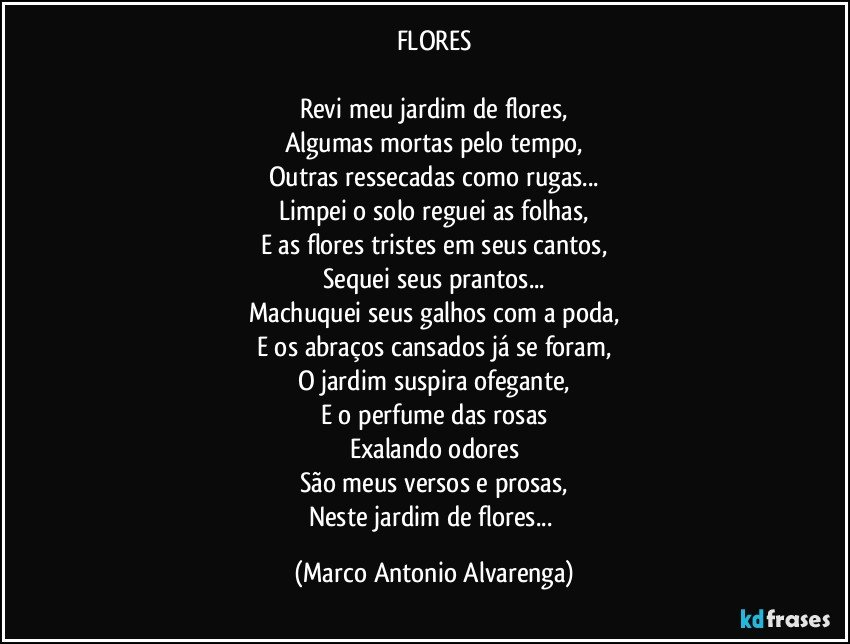 FLORES

Revi meu jardim de flores,
Algumas mortas pelo tempo,
Outras ressecadas como rugas...
Limpei o solo reguei as folhas,
E as flores tristes em seus cantos,
Sequei seus prantos...
Machuquei seus galhos com a poda,
E os abraços cansados já se foram,
O jardim suspira ofegante,
E o perfume das rosas
Exalando odores
São meus versos e prosas,
Neste jardim de flores... (Marco Antonio Alvarenga)