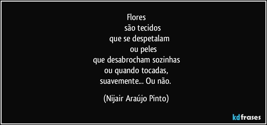 Flores
		               são tecidos
	      que se despetalam
		                 ou peles
que desabrocham sozinhas
ou quando tocadas,
suavemente... Ou não. (Nijair Araújo Pinto)