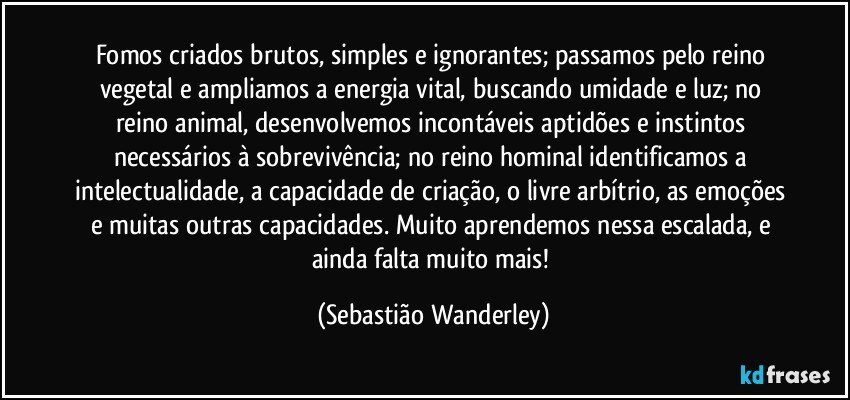 Fomos criados brutos, simples e ignorantes; passamos pelo reino vegetal e ampliamos a energia vital, buscando umidade e luz; no reino animal, desenvolvemos incontáveis aptidões e instintos necessários à sobrevivência; no reino hominal identificamos a intelectualidade, a capacidade de criação, o livre arbítrio, as emoções e muitas outras capacidades. Muito aprendemos nessa escalada, e ainda falta muito mais! (Sebastião Wanderley)