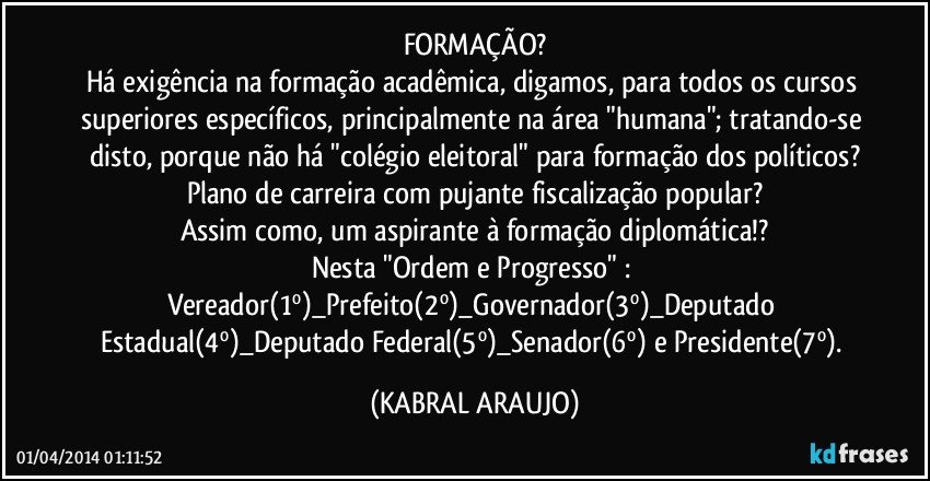 FORMAÇÃO?
Há exigência na formação acadêmica, digamos, para todos os cursos superiores específicos, principalmente na área "humana"; tratando-se disto, porque não há "colégio eleitoral" para formação dos políticos?
Plano de carreira com pujante fiscalização popular?
Assim como, um aspirante à formação diplomática!?
Nesta "Ordem e Progresso" : Vereador(1º)_Prefeito(2º)_Governador(3º)_Deputado Estadual(4º)_Deputado Federal(5º)_Senador(6º) e Presidente(7º). (KABRAL ARAUJO)