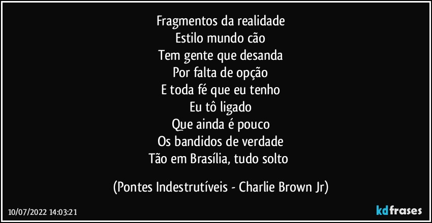 Fragmentos da realidade
Estilo mundo cão
Tem gente que desanda
Por falta de opção
E toda fé que eu tenho
Eu tô ligado
Que ainda é pouco
Os bandidos de verdade
Tão em Brasília, tudo solto (Pontes Indestrutíveis - Charlie Brown Jr)