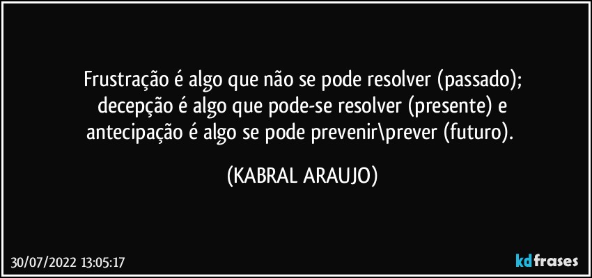 Frustração é algo que não se pode resolver (passado);
decepção é algo que pode-se resolver (presente) e
antecipação é algo se pode prevenir\prever (futuro). (KABRAL ARAUJO)