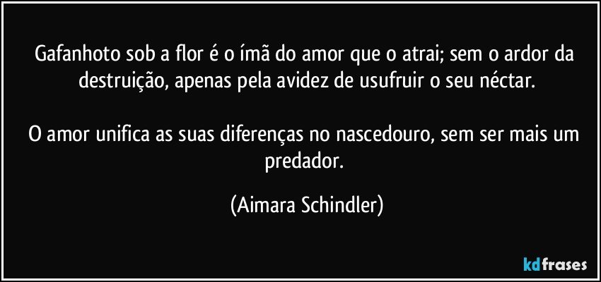 Gafanhoto sob a flor é o ímã do amor que o atrai;  sem  o ardor da destruição, apenas pela avidez de usufruir o seu néctar.

O amor unifica as suas diferenças no nascedouro, sem ser mais um predador. (Aimara Schindler)