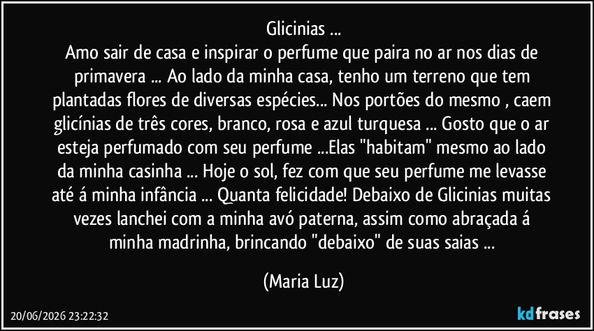 Glicinias ...
Amo sair de casa e inspirar o perfume que paira no ar nos dias de primavera ... Ao lado da minha casa, tenho um terreno que tem plantadas flores de diversas espécies... Nos portões do mesmo , caem glicínias de três cores, branco, rosa e azul turquesa ... Gosto que o ar esteja perfumado com seu perfume ...Elas "habitam" mesmo ao lado da minha casinha ... Hoje o sol, fez com que seu perfume me levasse até á minha infância ... Quanta felicidade! Debaixo de Glicinias muitas vezes lanchei com a minha avó paterna, assim como abraçada á minha madrinha, brincando "debaixo" de suas saias ... (Maria Luz)
