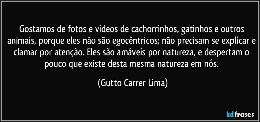 Gostamos de fotos e videos de cachorrinhos, gatinhos e outros animais, porque eles não são egocêntricos; não precisam se explicar e clamar por atenção. Eles são amáveis por natureza, e despertam o pouco que existe desta mesma natureza em nós. (Gutto Carrer Lima)