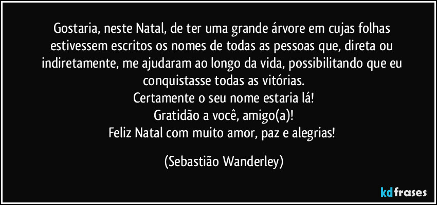 Gostaria, neste Natal, de ter uma grande árvore em cujas folhas estivessem escritos os nomes de todas as pessoas que, direta ou indiretamente, me ajudaram ao longo da vida, possibilitando que eu conquistasse todas as vitórias.
Certamente o seu nome estaria lá!
Gratidão a você, amigo(a)!
Feliz Natal com muito amor, paz e alegrias! (Sebastião Wanderley)