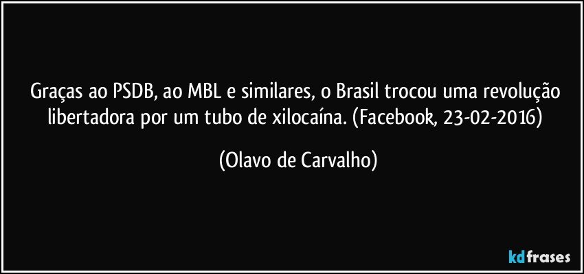 Graças ao PSDB, ao MBL e similares, o Brasil trocou uma revolução libertadora por um tubo de xilocaína. (Facebook, 23-02-2016) (Olavo de Carvalho)