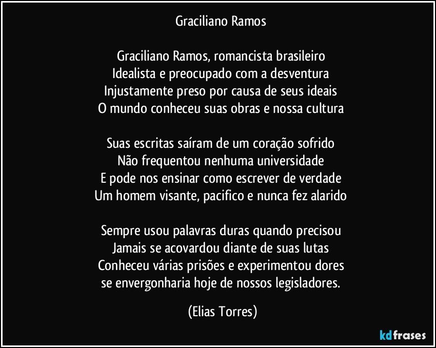 Graciliano Ramos 

Graciliano Ramos, romancista brasileiro 
Idealista e preocupado com a desventura 
Injustamente preso por causa de seus ideais 
O mundo conheceu suas obras e nossa cultura 

Suas escritas saíram de um coração sofrido 
Não frequentou nenhuma universidade 
E pode nos ensinar como escrever de verdade 
Um homem visante, pacifico e nunca fez alarido 

Sempre usou palavras duras quando precisou 
Jamais se acovardou diante de suas lutas 
Conheceu várias prisões e experimentou dores 
se envergonharia hoje de nossos legisladores. (Elias Torres)