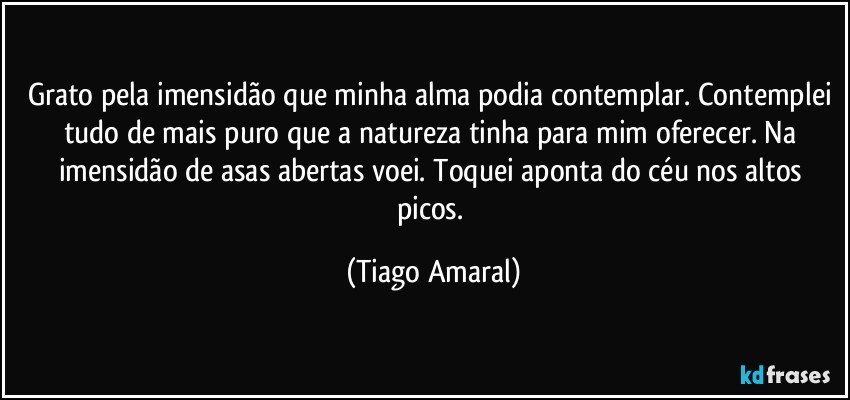 Grato pela imensidão que minha alma podia contemplar. Contemplei tudo de mais puro que a natureza tinha para mim oferecer. Na imensidão de asas abertas voei. Toquei aponta do céu nos altos picos. (Tiago Amaral)