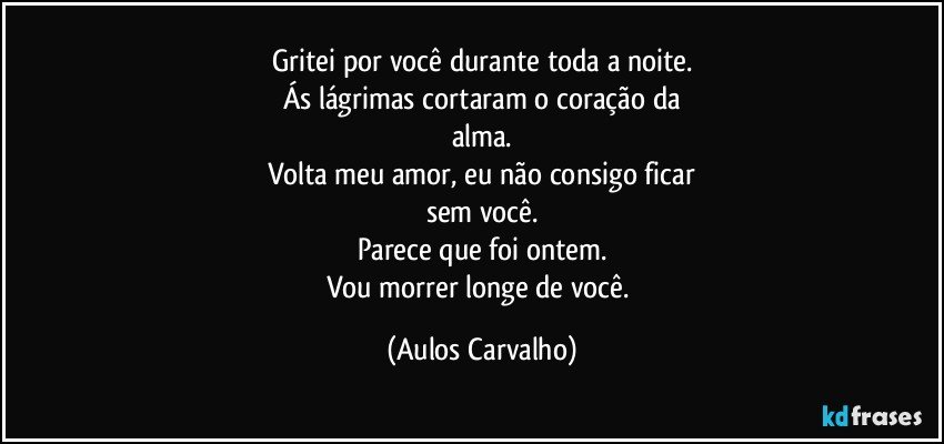 Gritei por você durante toda a noite.
Ás lágrimas cortaram o coração da
alma.
Volta meu amor, eu não consigo ficar
sem você.
Parece que foi ontem.
Vou morrer longe de você. (Aulos Carvalho)