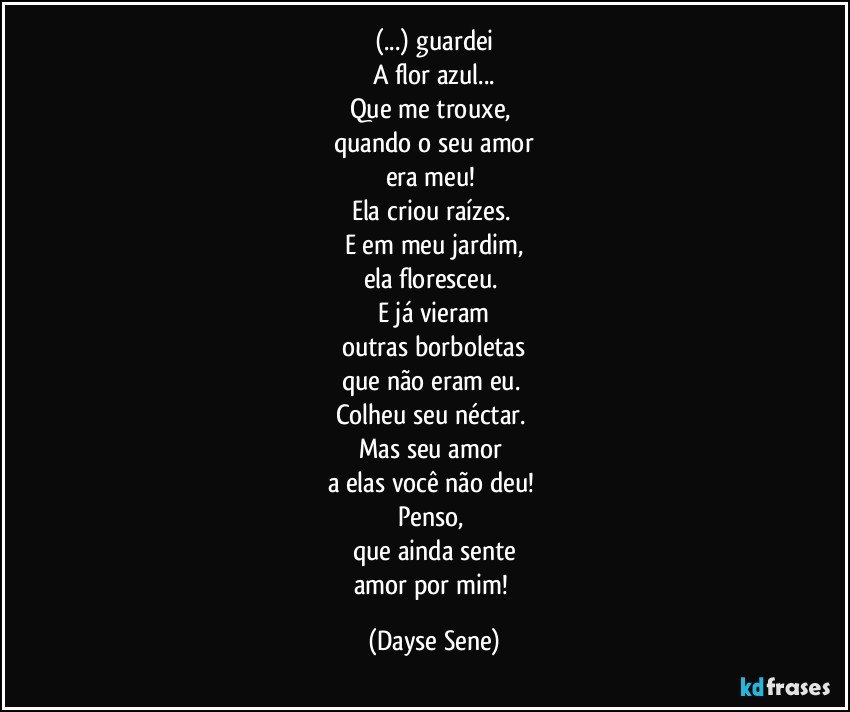 (...) guardei
A flor azul...
Que me trouxe, 
quando o seu amor
era meu! 
Ela criou raízes. 
E em meu jardim,
ela floresceu. 
E já vieram
outras borboletas
que não eram eu. 
Colheu seu néctar. 
Mas seu amor 
a elas você não deu! 
Penso, 
que ainda sente
amor por mim! (Dayse Sene)