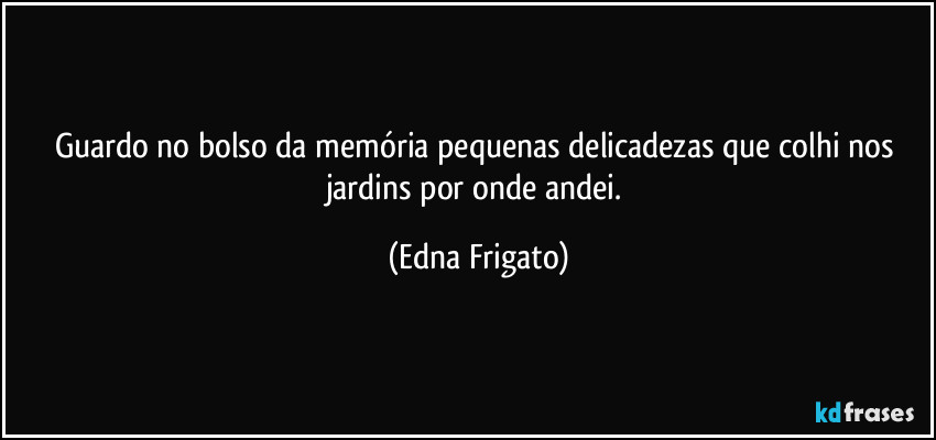 Guardo no bolso da memória pequenas delicadezas que colhi nos jardins por onde andei. (Edna Frigato)