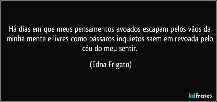 Há dias em que meus pensamentos avoados escapam pelos vãos da minha mente e livres como pássaros inquietos saem em revoada pelo céu do meu sentir. (Edna Frigato)