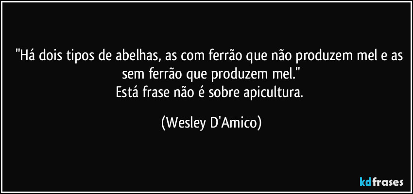 "Há dois tipos de abelhas, as com ferrão que não produzem mel e as sem ferrão que produzem mel."
Está frase não é sobre apicultura. (Wesley D'Amico)