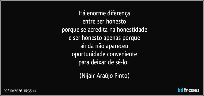 Há enorme diferença
entre ser honesto
porque se acredita na honestidade
e ser honesto apenas porque
ainda não apareceu
oportunidade conveniente
para deixar de sê-lo. (Nijair Araújo Pinto)
