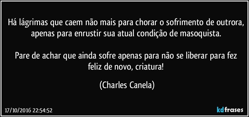 Há lágrimas que caem não mais para chorar o sofrimento de outrora, apenas para enrustir sua atual condição de masoquista. 

Pare de achar que ainda sofre apenas para não se liberar para fez feliz de novo, criatura! (Charles Canela)