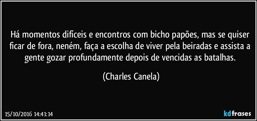 Há momentos difíceis e encontros com bicho papões, mas se quiser ficar de fora, neném, faça a escolha de viver pela beiradas e assista a gente gozar profundamente depois de vencidas as batalhas. (Charles Canela)