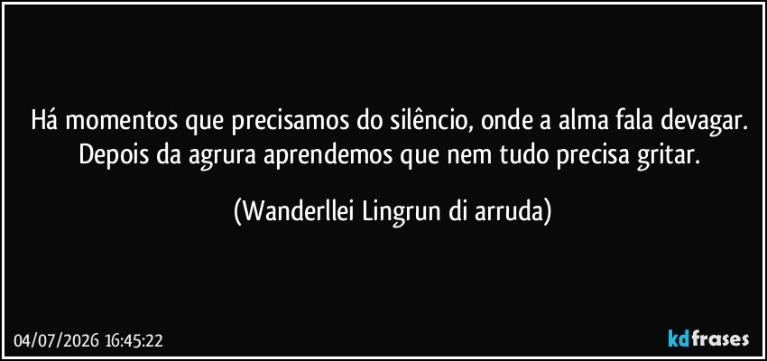 Há momentos que precisamos do silêncio, onde a alma fala devagar. Depois da agrura aprendemos que nem tudo precisa gritar. (Wanderllei Lingrun di arruda)