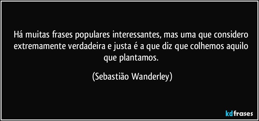 Há muitas frases populares interessantes, mas uma que considero extremamente verdadeira e justa é a que diz que colhemos aquilo que plantamos. (Sebastião Wanderley)