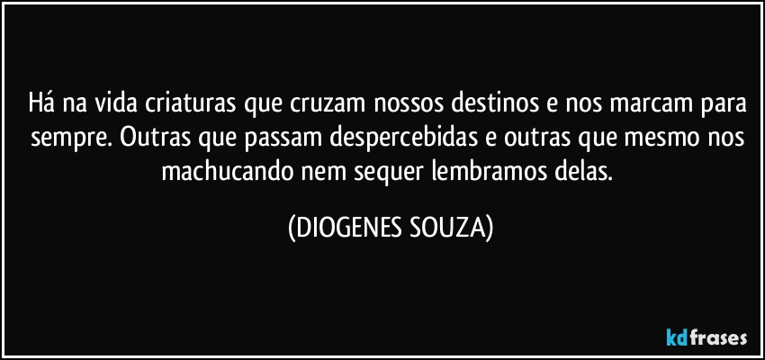 Há na vida criaturas que cruzam nossos destinos e nos marcam para sempre. Outras que passam despercebidas e outras que mesmo nos machucando nem sequer lembramos delas. (DIOGENES SOUZA)