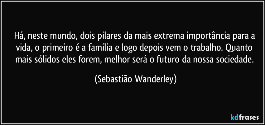 Há, neste mundo, dois pilares da mais extrema importância para a vida, o primeiro é a família e logo depois vem o trabalho. Quanto mais sólidos eles forem, melhor será o futuro da nossa sociedade. (Sebastião Wanderley)