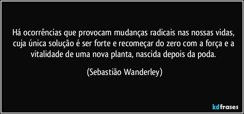 Há ocorrências que provocam mudanças radicais nas nossas vidas, cuja única solução é ser forte e recomeçar do zero com a força e a vitalidade de uma nova planta, nascida depois da poda. (Sebastião Wanderley)