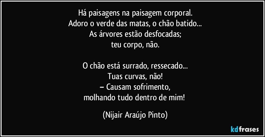 Há paisagens na paisagem corporal.
Adoro o verde das matas, o chão batido...
As árvores estão desfocadas;
teu corpo, não.

O chão está surrado, ressecado...
Tuas curvas, não!
– Causam sofrimento,
molhando tudo dentro de mim! (Nijair Araújo Pinto)