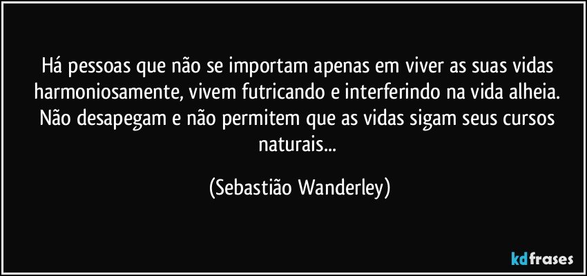 Há pessoas que não se importam apenas em viver as suas vidas harmoniosamente, vivem futricando e interferindo na vida alheia. Não desapegam e não permitem que as vidas sigam seus cursos naturais... (Sebastião Wanderley)