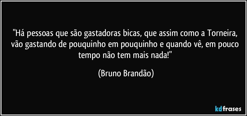 "Há pessoas que são gastadoras bicas, que assim como a Torneira, vão gastando de pouquinho em pouquinho e quando vê, em pouco tempo não tem mais nada!" (Bruno Brandão)