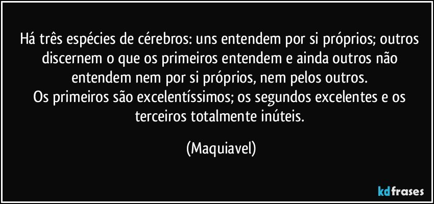 Há três espécies de cérebros: uns entendem por si próprios; outros discernem o que os primeiros entendem e ainda outros não entendem nem por si próprios, nem pelos outros. 
Os primeiros são excelentíssimos; os segundos excelentes e os terceiros totalmente inúteis. (Maquiavel)