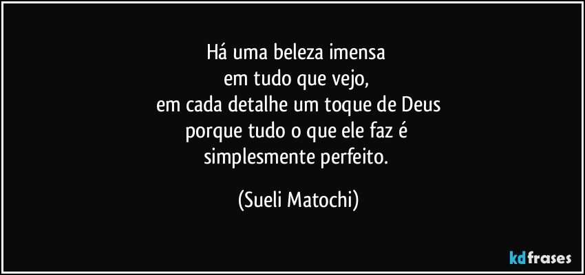 Há uma beleza imensa 
em tudo que vejo, 
em cada detalhe um toque de Deus
porque tudo o que ele faz é 
simplesmente perfeito. (Sueli Matochi)