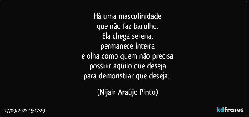 Há uma masculinidade
que não faz barulho.
Ela chega serena,
permanece inteira
e olha como quem não precisa
possuir aquilo que deseja
para demonstrar que deseja. (Nijair Araújo Pinto)