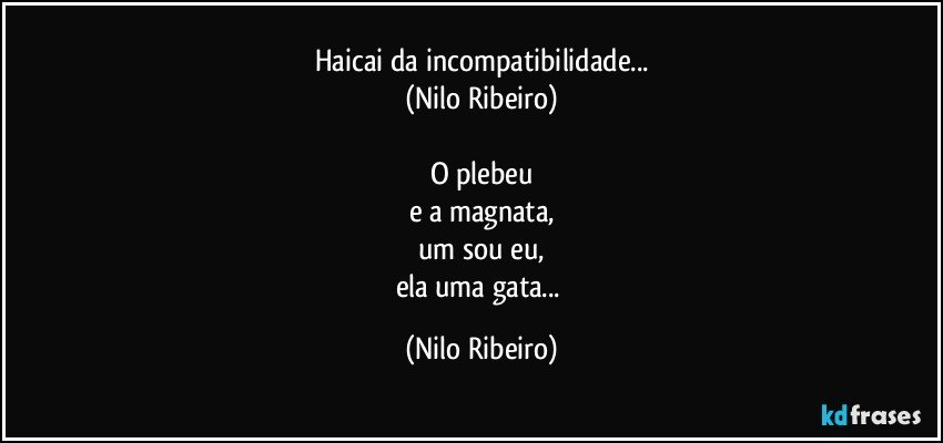 Haicai da incompatibilidade...
(Nilo Ribeiro)

O plebeu
e a magnata,
um sou eu,
ela uma gata... (Nilo Ribeiro)