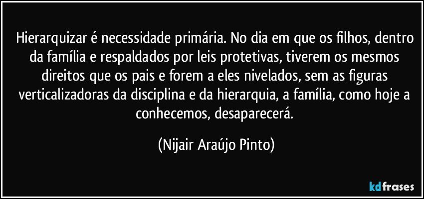 Hierarquizar é necessidade primária. No dia em que os filhos, dentro da família e respaldados por leis protetivas, tiverem os mesmos direitos que os pais e forem a eles nivelados, sem as figuras verticalizadoras da disciplina e da hierarquia, a família, como hoje a conhecemos, desaparecerá. (Nijair Araújo Pinto)