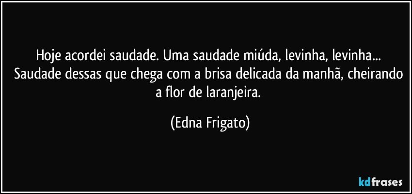 Hoje acordei saudade. Uma saudade miúda, levinha, levinha... Saudade dessas que chega com a brisa delicada da manhã, cheirando a flor de laranjeira. (Edna Frigato)