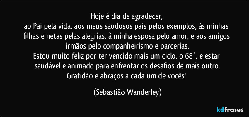 Hoje é dia de agradecer, 
ao Pai pela vida, aos meus saudosos pais pelos exemplos, às minhas filhas e netas pelas alegrias, à minha esposa pelo amor, e aos amigos irmãos pelo companheirismo e parcerias.
Estou muito feliz por ter vencido mais um ciclo, o 68°, e estar saudável e animado para enfrentar os desafios de mais outro.
Gratidão e abraços a cada um de vocês! (Sebastião Wanderley)
