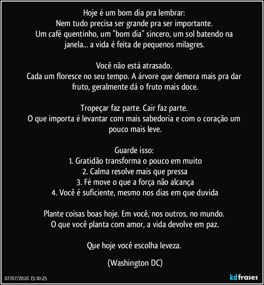 Hoje é um bom dia pra lembrar:  
Nem tudo precisa ser grande pra ser importante.  
Um café quentinho, um "bom dia" sincero, um sol batendo na janela... a vida é feita de pequenos milagres.

Você não está atrasado.  
Cada um floresce no seu tempo. A árvore que demora mais pra dar fruto, geralmente dá o fruto mais doce.

Tropeçar faz parte. Cair faz parte.  
O que importa é levantar com mais sabedoria e com o coração um pouco mais leve.

Guarde isso:  
1. Gratidão transforma o pouco em muito
2. Calma resolve mais que pressa
3. Fé move o que a força não alcança
4. Você é suficiente, mesmo nos dias em que duvida

Plante coisas boas hoje. Em você, nos outros, no mundo.  
O que você planta com amor, a vida devolve em paz.

Que hoje você escolha leveza. (Washington DC)