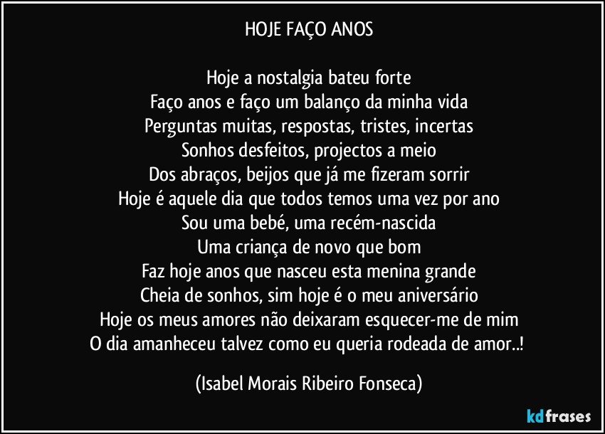 HOJE FAÇO ANOS

Hoje a nostalgia bateu forte
Faço anos e faço um balanço da minha vida
Perguntas muitas, respostas, tristes, incertas
Sonhos desfeitos, projectos a meio
Dos abraços, beijos que já me fizeram sorrir
Hoje é aquele dia que todos temos uma vez por ano
Sou uma bebé, uma recém-nascida
Uma criança de novo que bom
Faz hoje anos que nasceu esta menina grande
Cheia de sonhos, sim hoje é o meu aniversário
Hoje os meus amores não deixaram esquecer-me de mim
O dia amanheceu talvez como eu queria rodeada de amor..! (Isabel Morais Ribeiro Fonseca)